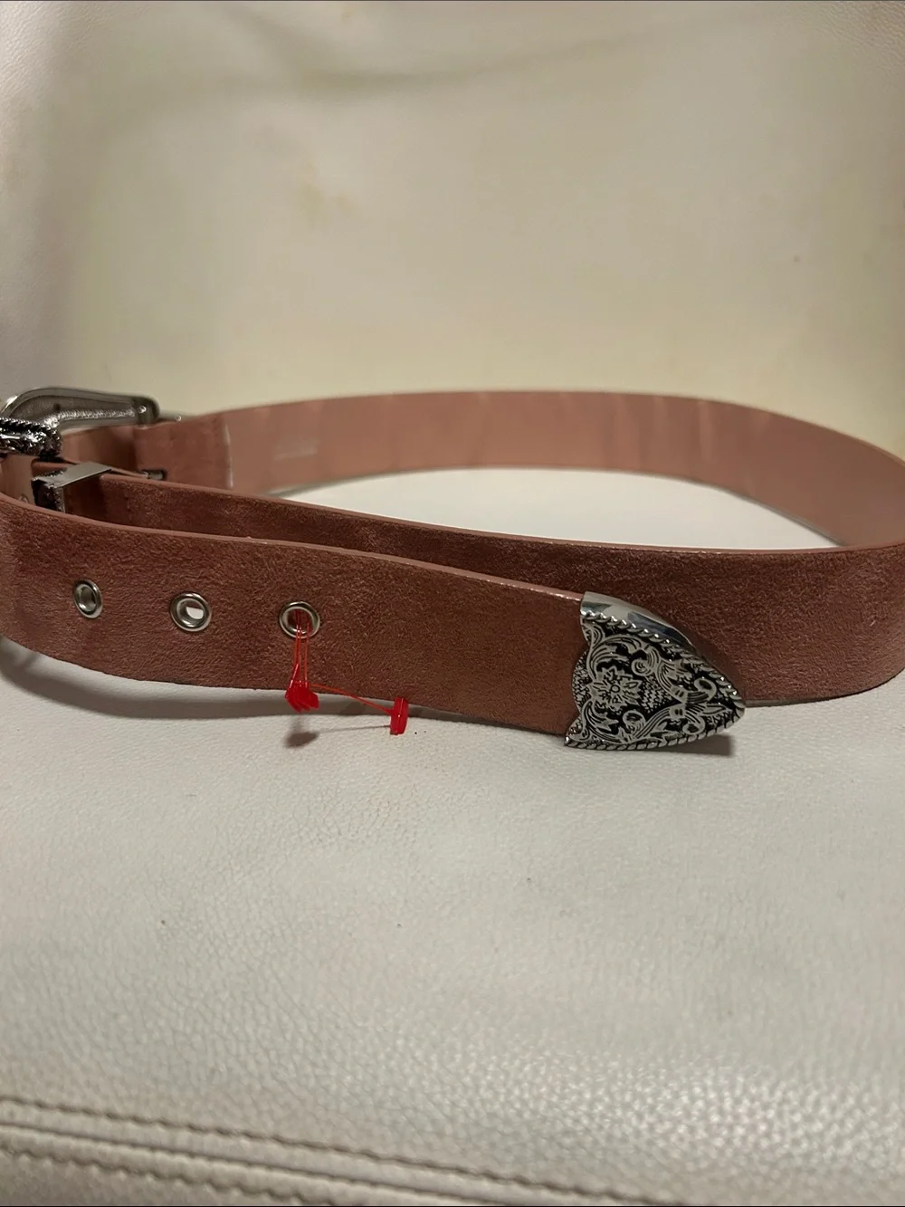 Western Double-Buckle Suede Waist Belt in Dusty Rose. New !
